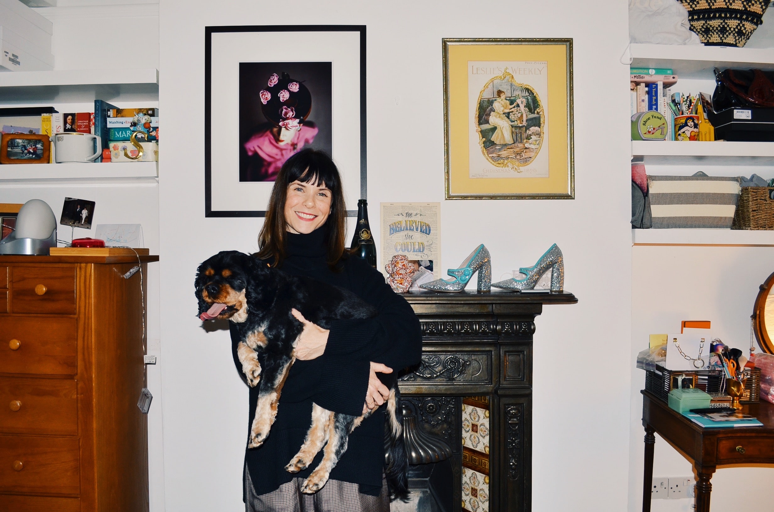Leslie Hitchcock-Stone at home in London with her dog, Mycroft.