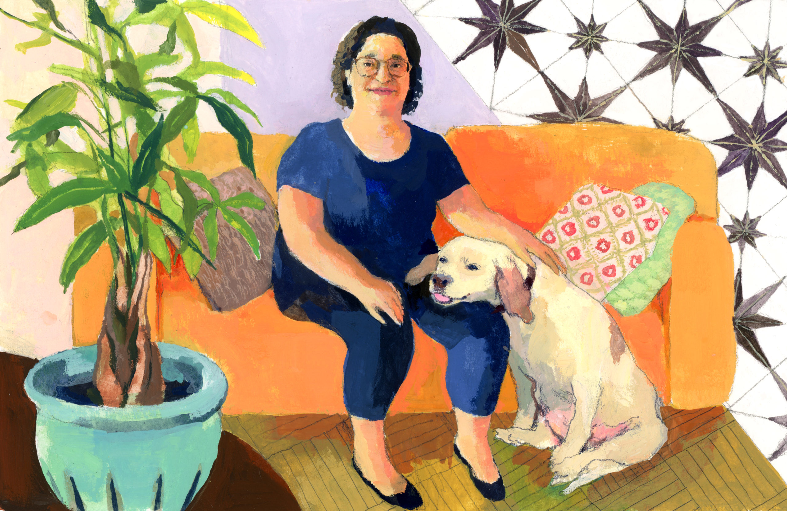 Carmen Maria Machado and her Beagle mix dog, Rosie, illustrated for Argos & Artemis by Jia Sung.